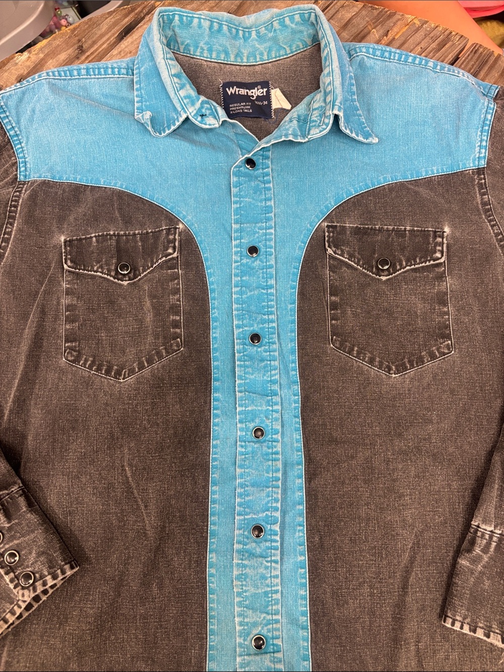 Wrangler TwoTone Denim Western PearlSnap Shirt Black&Turquoise Size 16 1/2 - 34 - Picture 3 of 5